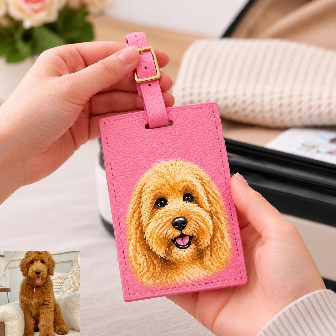 Étiquette de bagage en cuir personnalisée avec portrait de votre animal