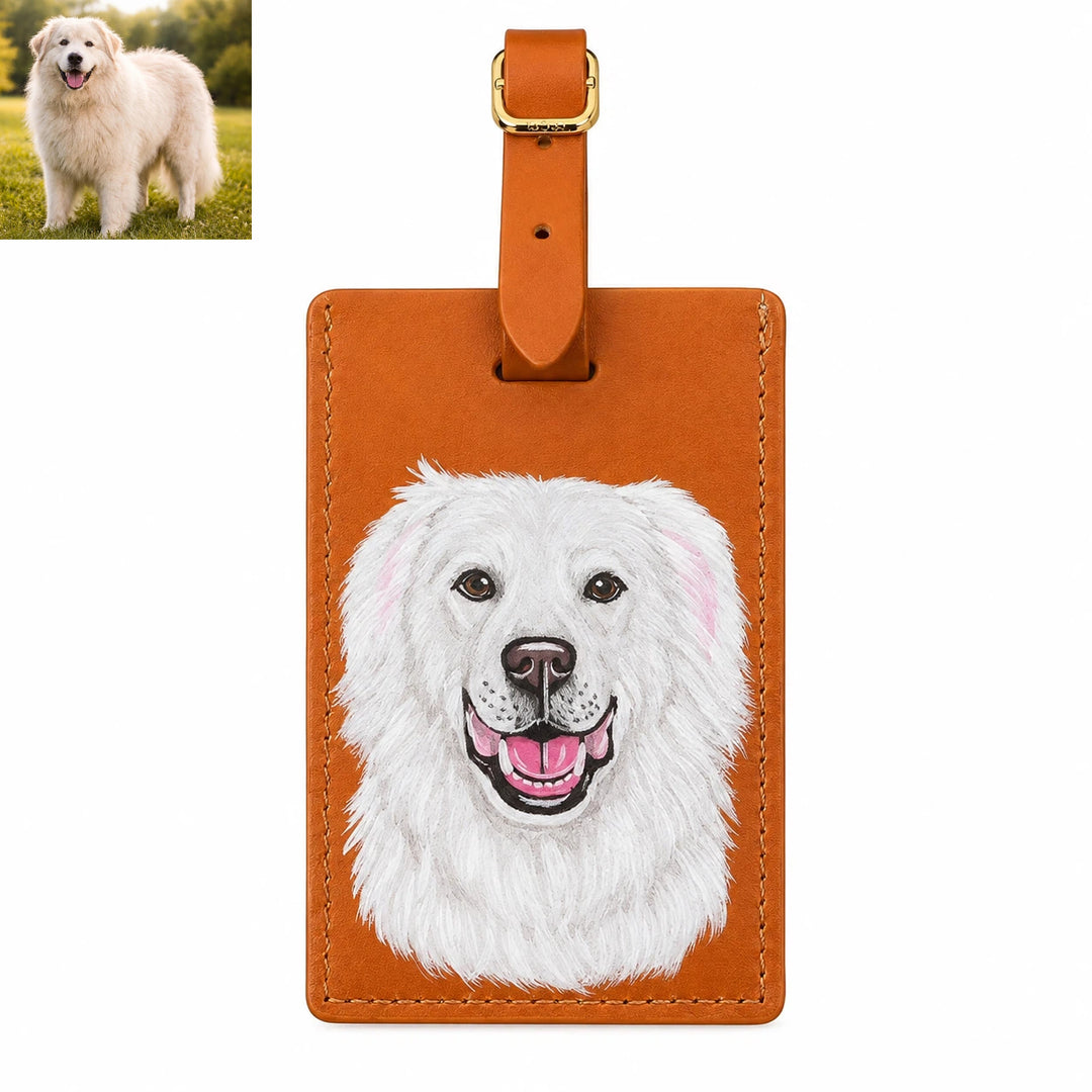 Étiquette de bagage en cuir personnalisée avec portrait de votre animal