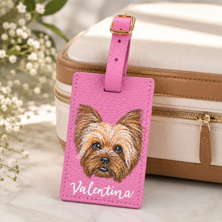 Étiquette de bagage en cuir personnalisée avec portrait de votre animal