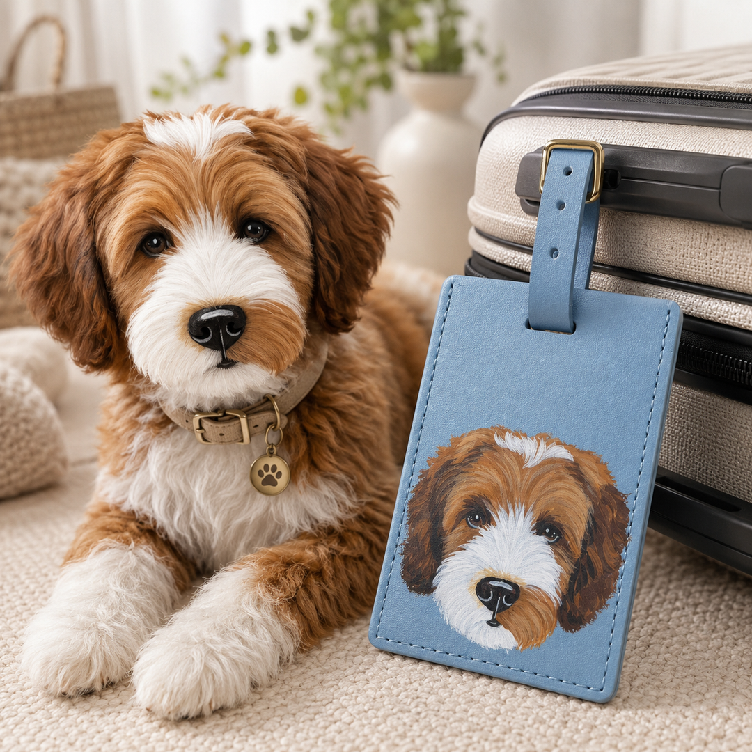 Étiquette de bagage en cuir personnalisée avec portrait de votre animal