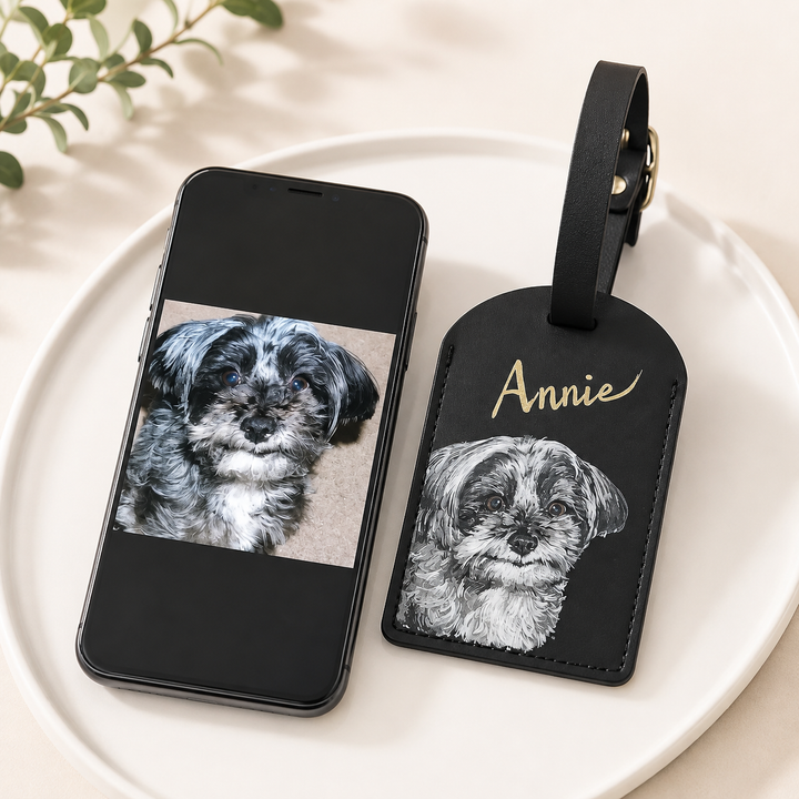 Étiquette de bagage en cuir personnalisée avec portrait de votre animal,accessoire de voyage personnalisé