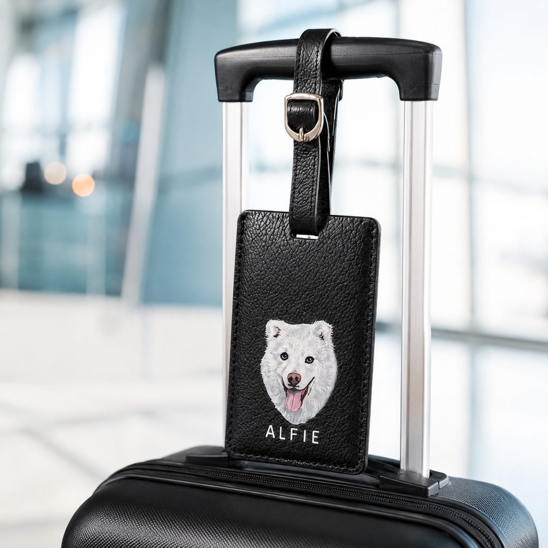 Étiquette de bagage en cuir personnalisée avec portrait de votre animal
