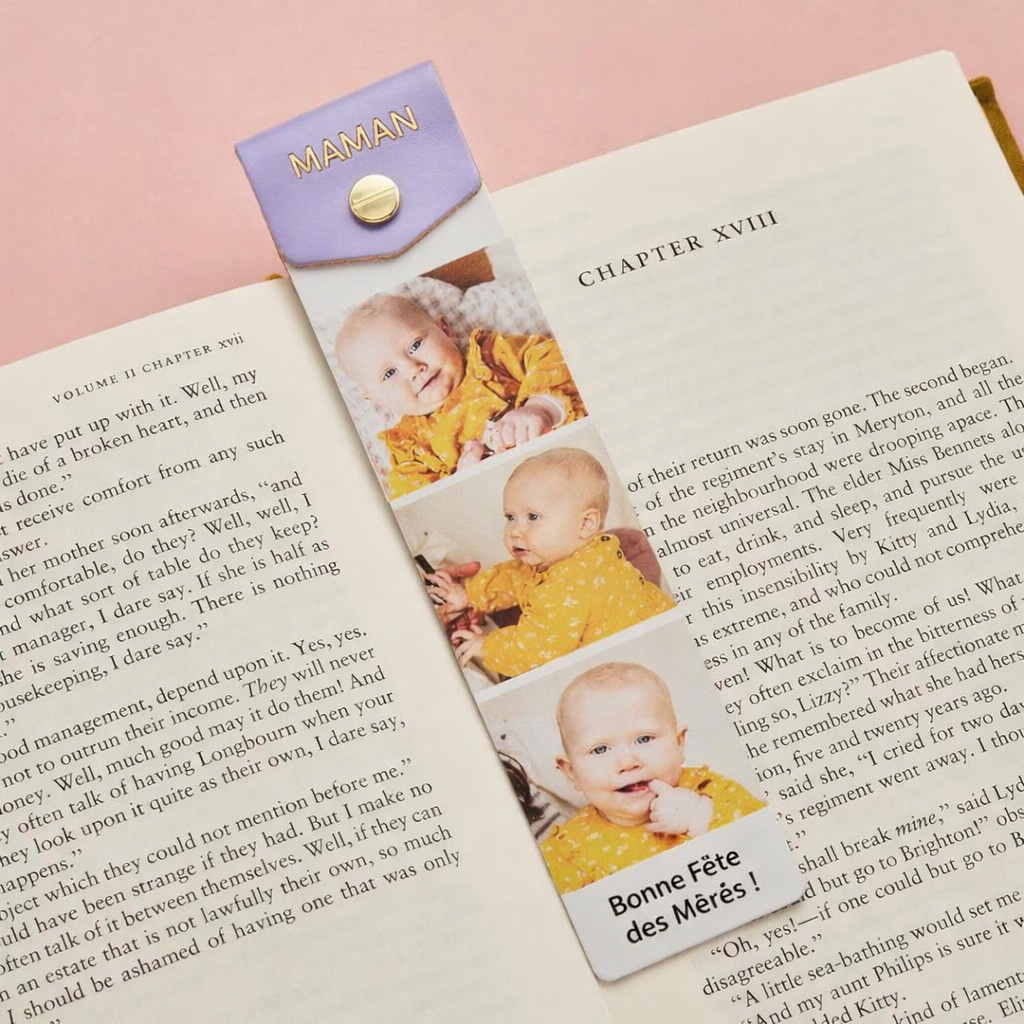 Marque-page en métal avec bande photo personnalisée en cuir pour maman, papa et la famille