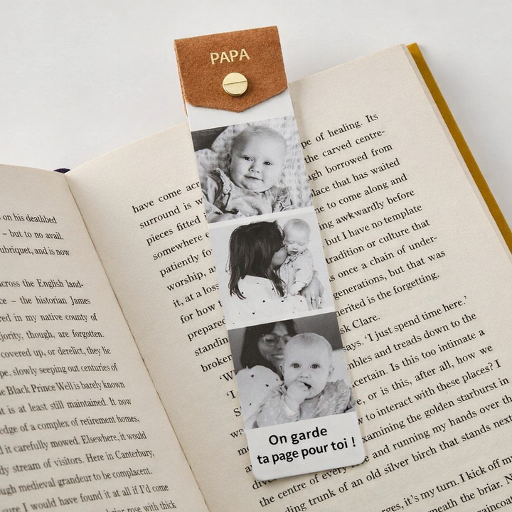 Marque-page en métal avec bande photo personnalisée en cuir pour maman, papa et la famille