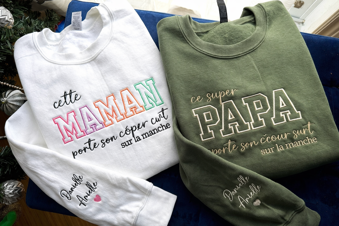 Maman porte son cœur sur ses manches T-shirt brodé personnalisé Sweat à capuche à col rond Cadeau pour maman