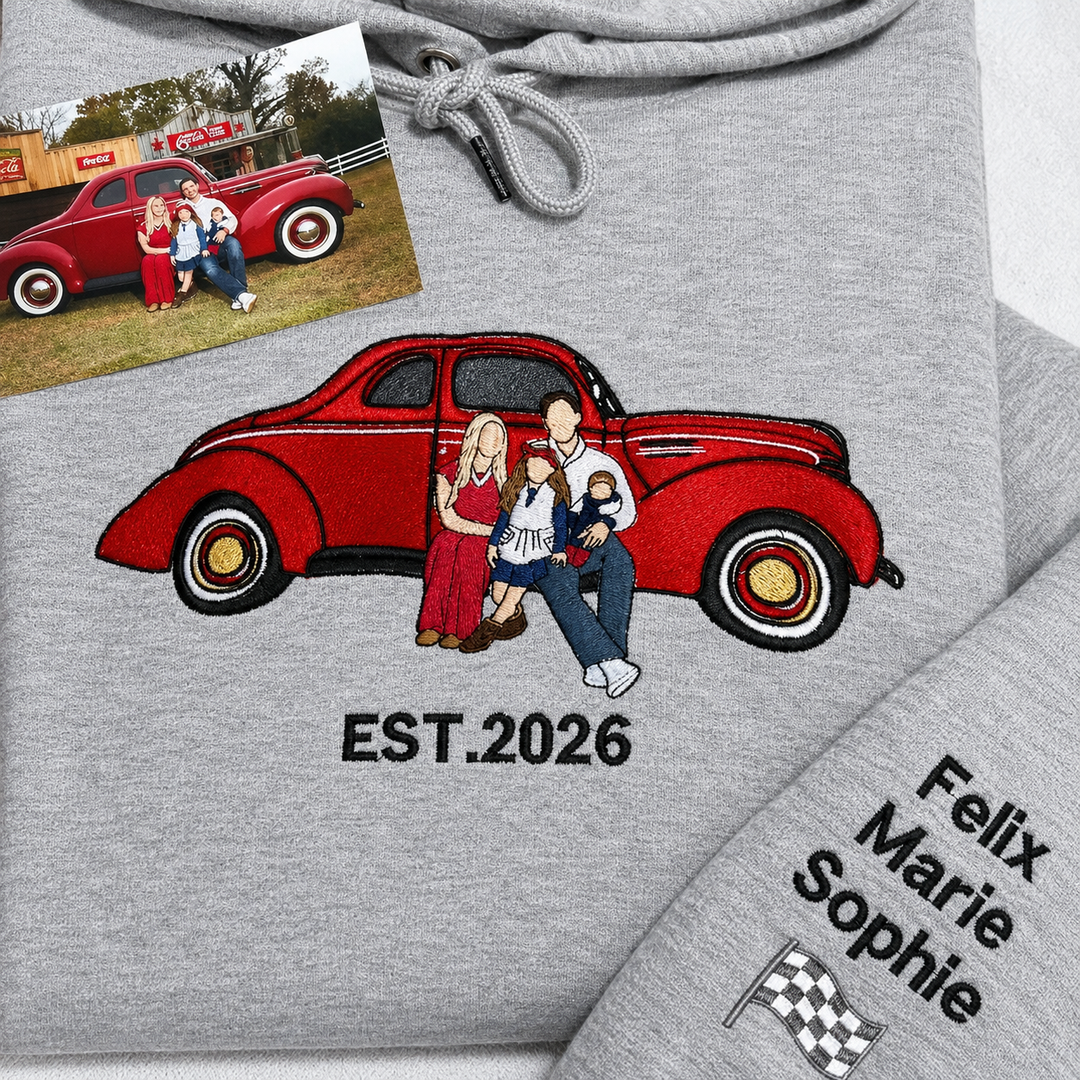 Sweat-shirt personnalisé avec photo de famille brodée sur une voiture