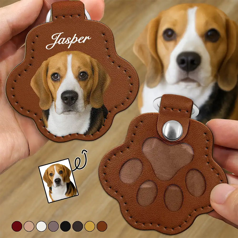 Portrait personnalisé de chien ou de chat - Porte-clés en cuir en forme de patte avec coutures
