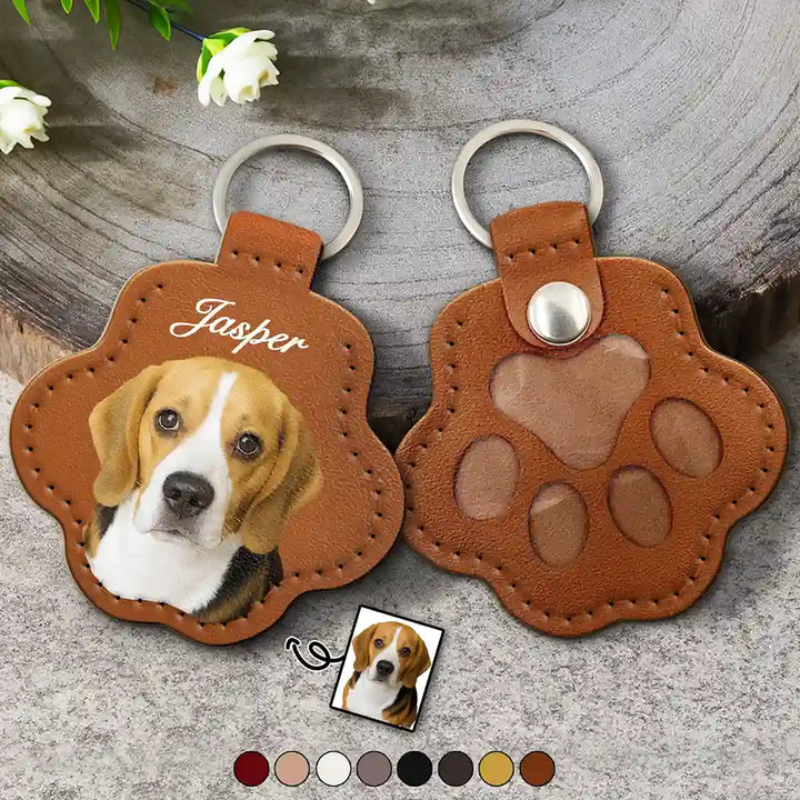 Portrait personnalisé de chien ou de chat - Porte-clés en cuir en forme de patte avec coutures