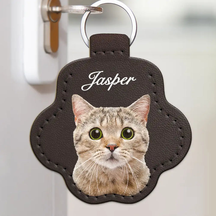 Portrait personnalisé de chien ou de chat - Porte-clés en cuir en forme de patte avec coutures