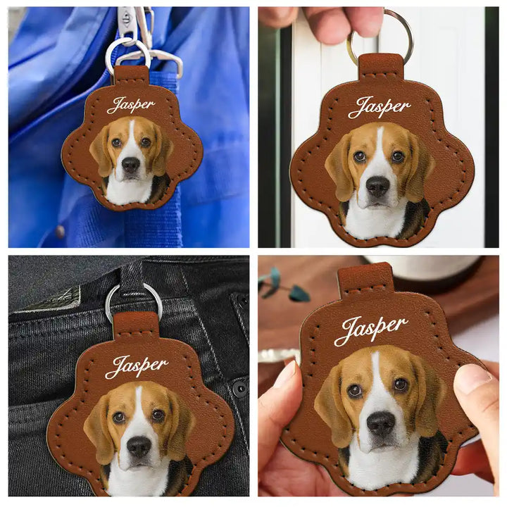 Portrait personnalisé de chien ou de chat - Porte-clés en cuir en forme de patte avec coutures