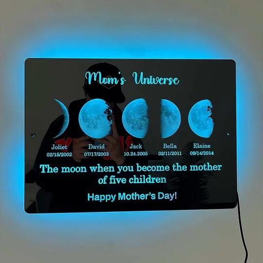 Miroir lumineux LED personnalisé avec texte et date - L'univers de maman/papa