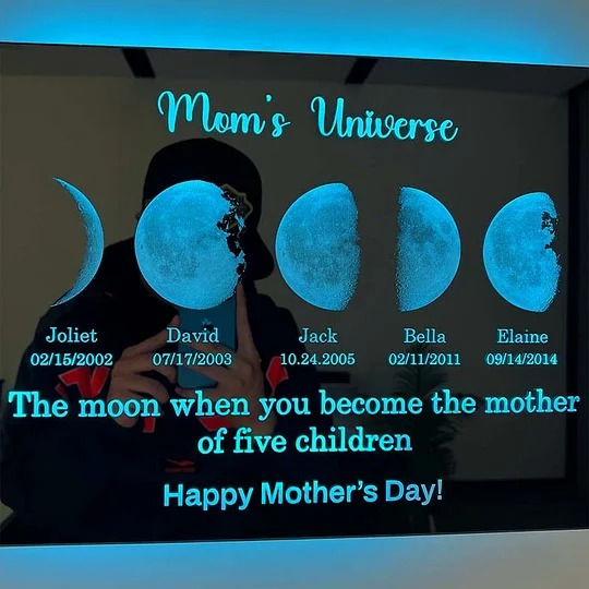 Miroir lumineux LED personnalisé avec texte et date - L'univers de maman/papa