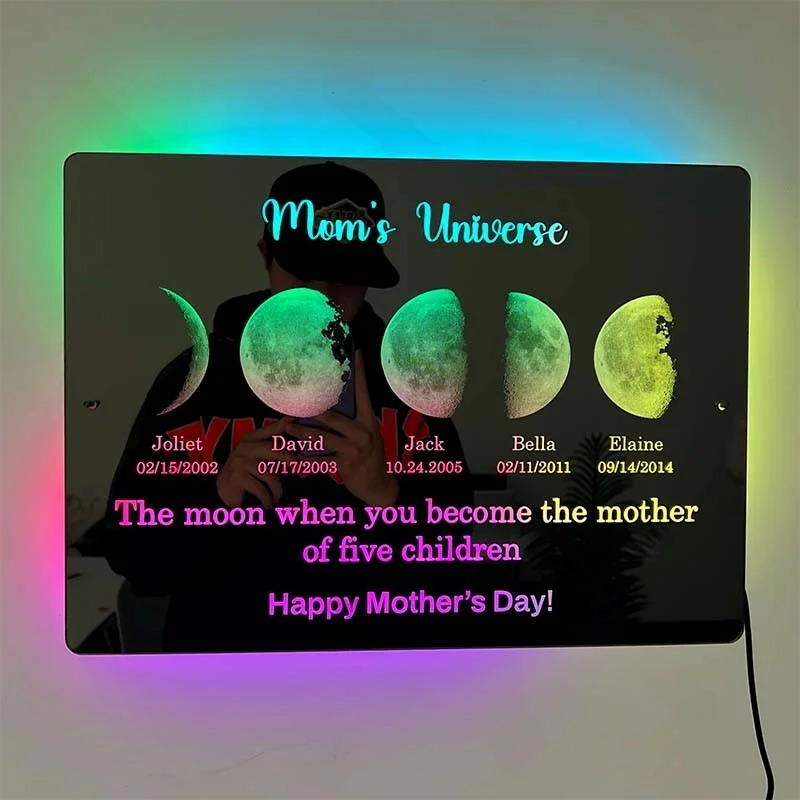 Miroir lumineux LED personnalisé avec texte et date - L'univers de maman/papa