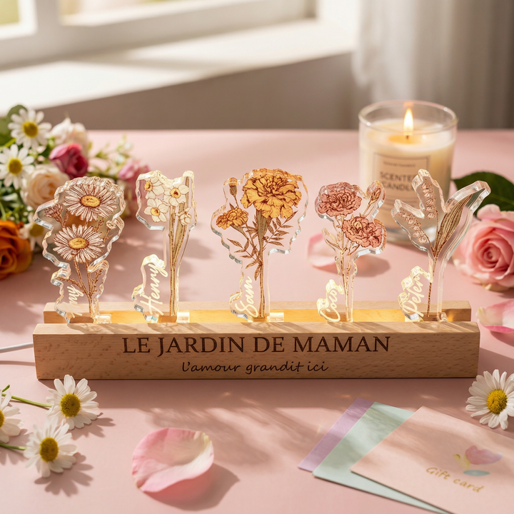 Fleur de naissance personnalisée en acrylique 3D avec lumière LED et prénoms des enfants