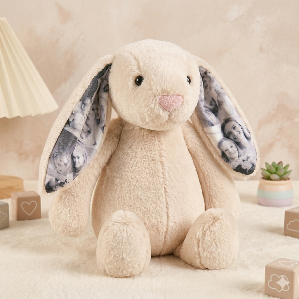Lapin en peluche personnalisé avec photo, un cadeau spécial pour elle.