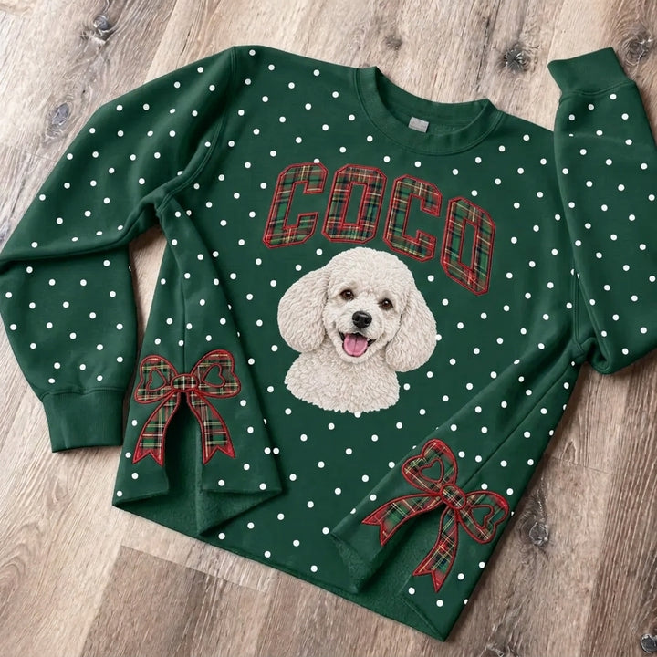 Sweatshirt personnalisé à pois avec portrait de votre animal brodé et nœud à carreaux – Coupe fendue sur les côtés