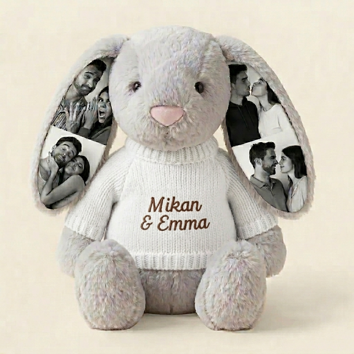Lapin en peluche personnalisé avec photo, un cadeau spécial pour elle.