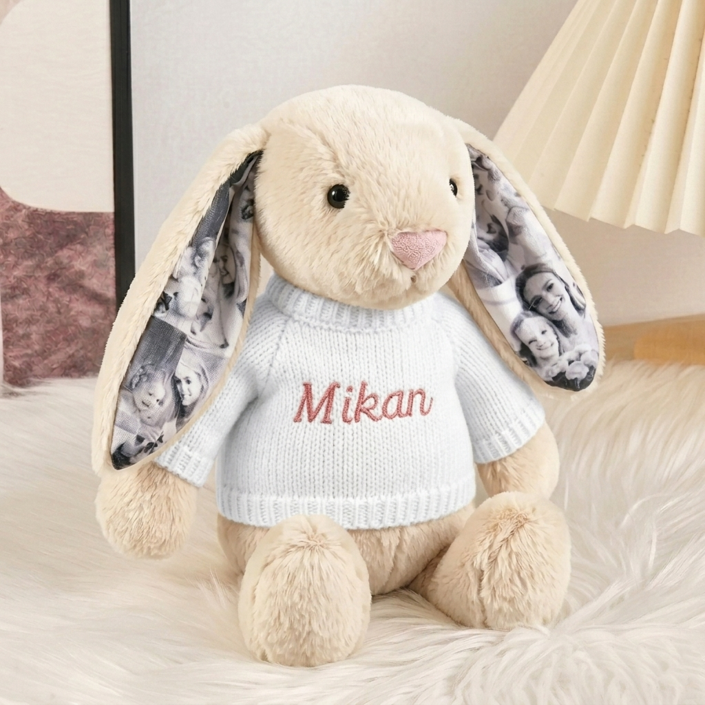 Lapin en peluche personnalisé avec photo, un cadeau spécial pour elle.