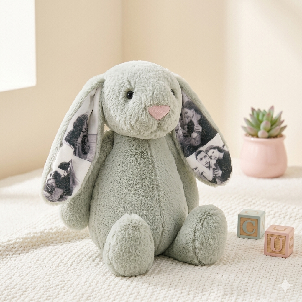 Lapin en peluche personnalisé avec photo, un cadeau spécial pour elle.