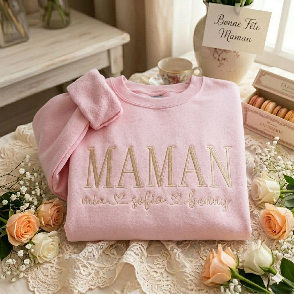 Sweat-shirt pour maman brodé sur mesure avec les prénoms des enfants