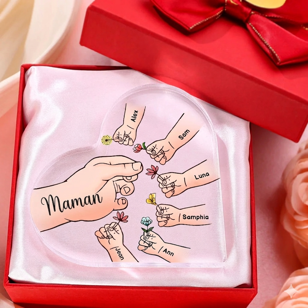 Cadeau Souvenir pour Maman – Cœur en Acrylique Personnalisé avec 8 Prénoms et Motif Floral