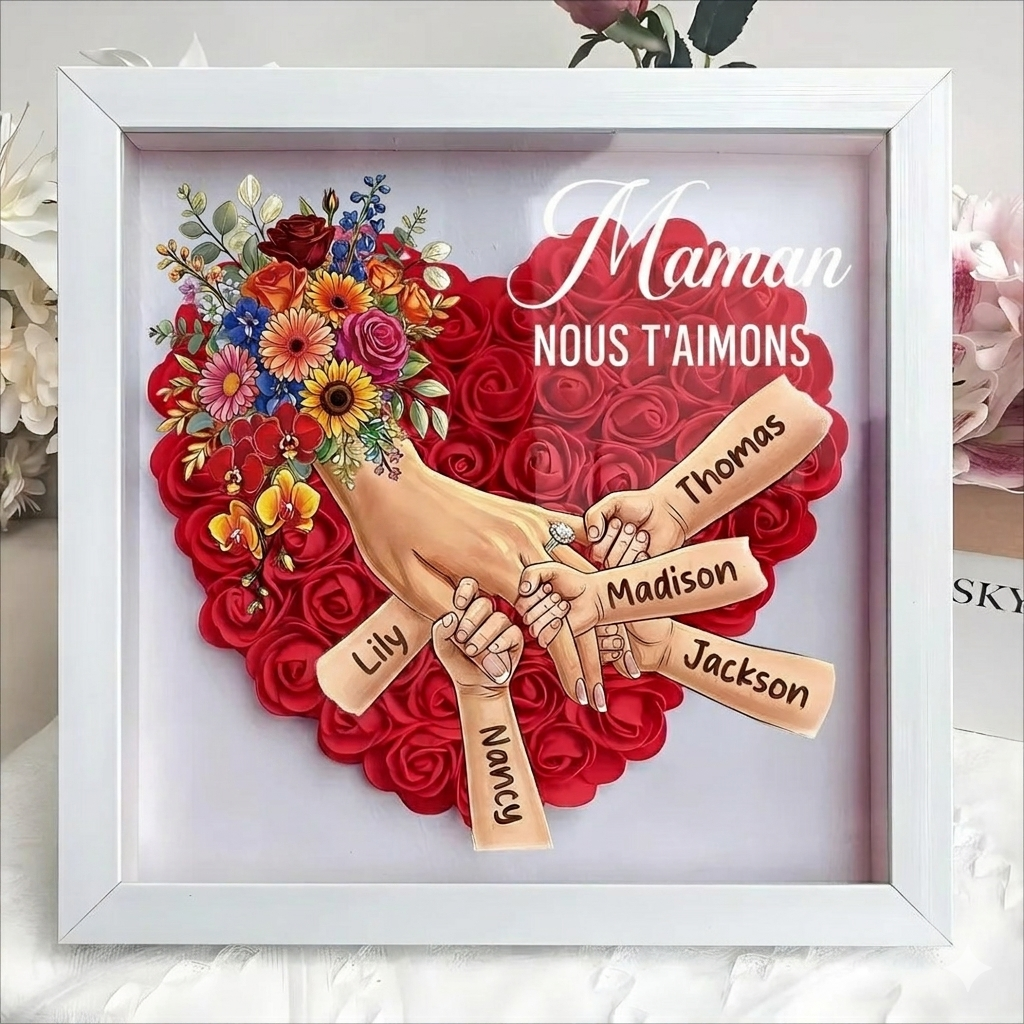 Boîte d’ombre cœur floral personnalisée Maman mains avec prénoms enfants et bague manicure
