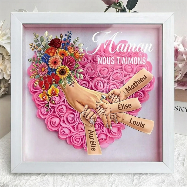 Boîte d’ombre cœur floral personnalisée Maman mains avec prénoms enfants et bague manicure