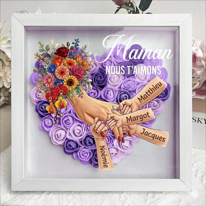 Boîte d’ombre cœur floral personnalisée Maman mains avec prénoms enfants et bague manicure
