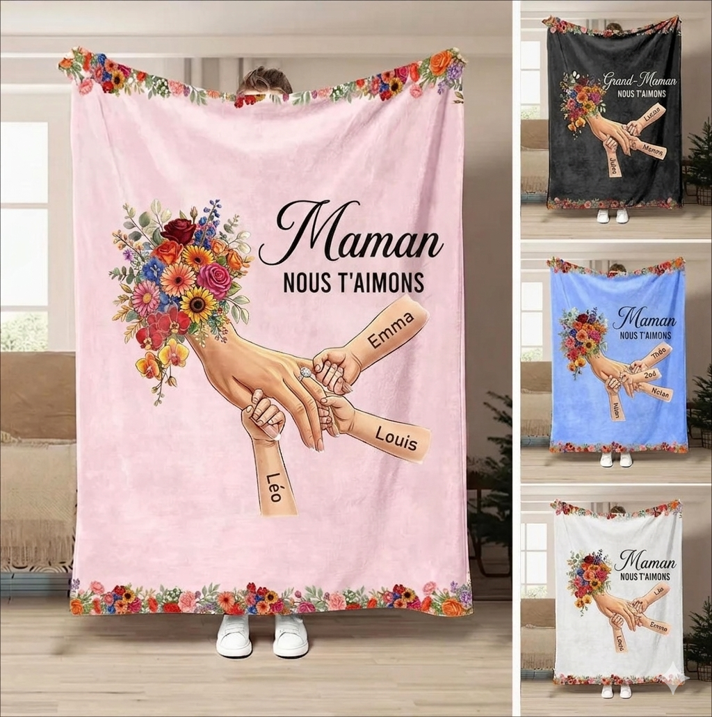 Plaid couverture personnalisée Maman mains entrelacées avec prénoms et fleurs