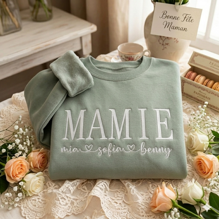 Sweat-shirt pour maman brodé sur mesure avec les prénoms des enfants