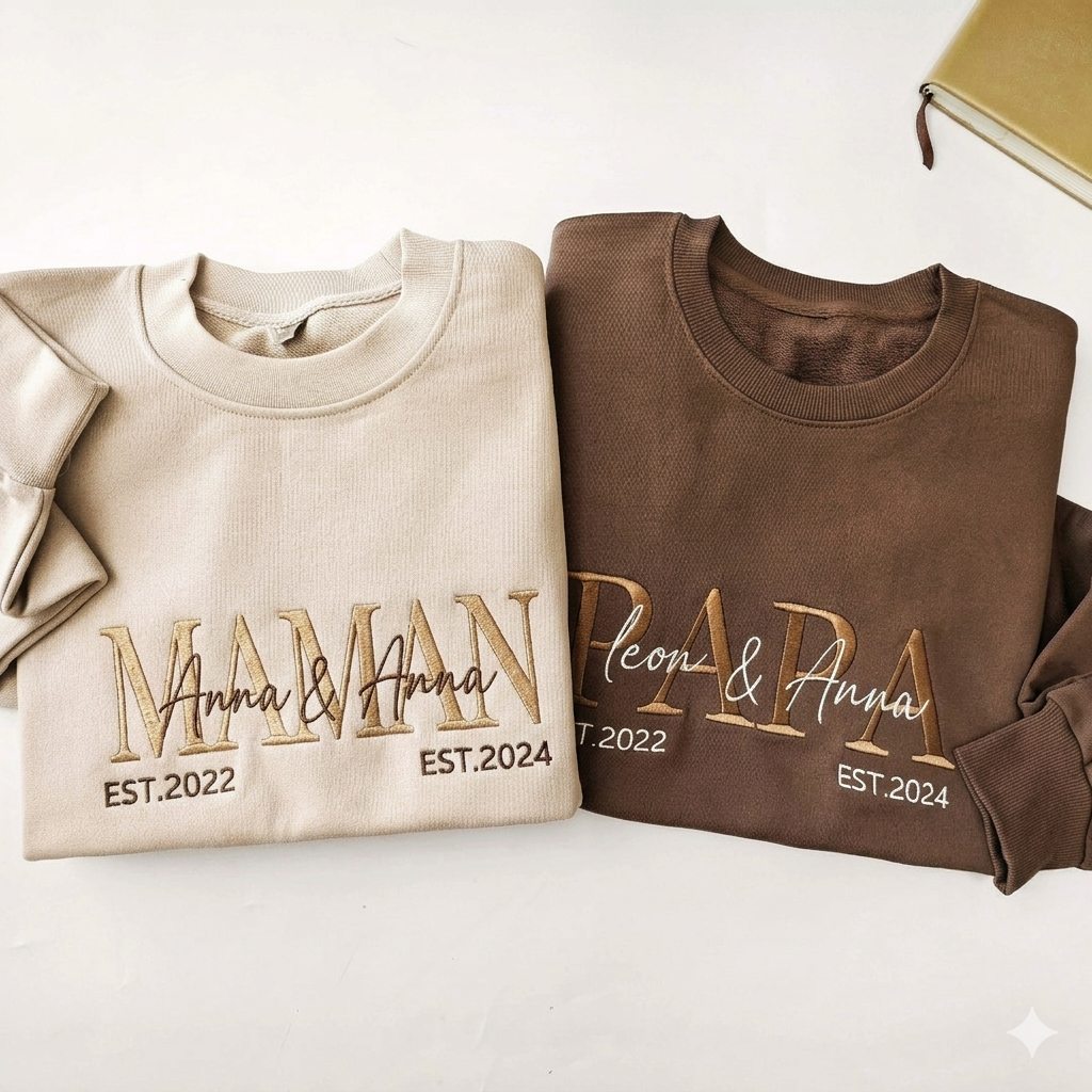 Sweatshirt brodé personnalisé MAMAN/PAPA – Cadeau Fête des Mères & Pères