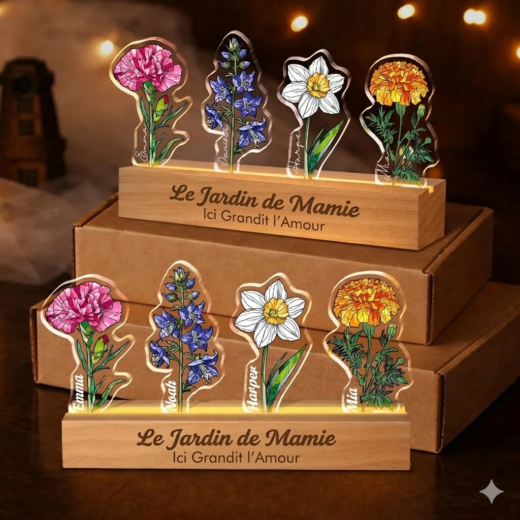 Fleur de naissance personnalisée en acrylique 3D avec lumière LED et prénoms des enfants pour maman