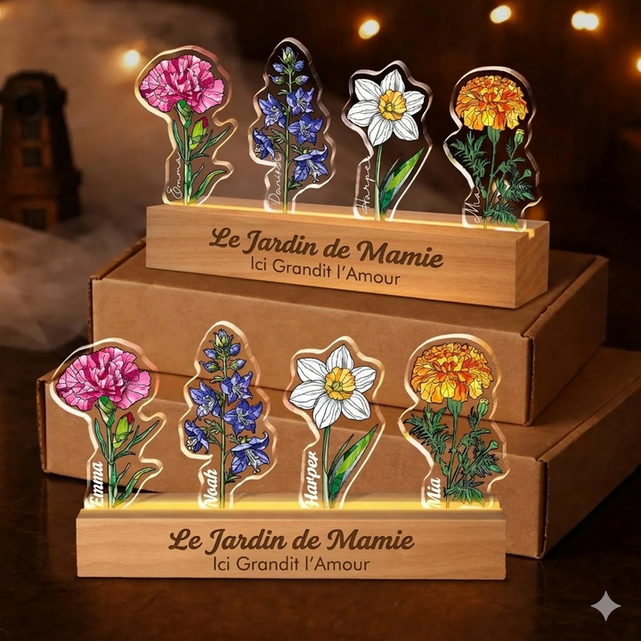 Fleur de naissance personnalisée en acrylique 3D avec lumière LED et prénoms des enfants pour maman
