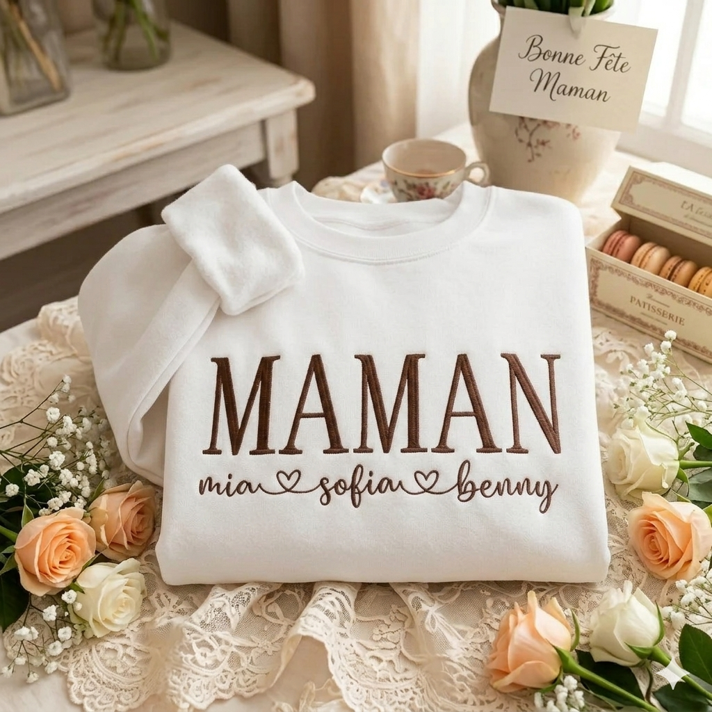 Sweat-shirt pour maman brodé sur mesure avec les prénoms des enfants