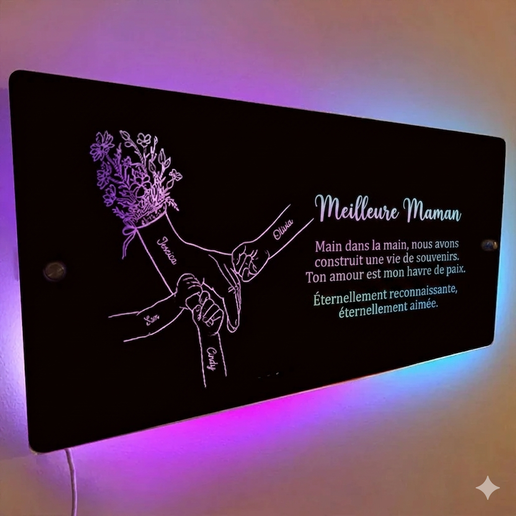 Miroir lumineux personnalisé avec les mains de maman et des enfants — Cadeau pour la fête des Mères