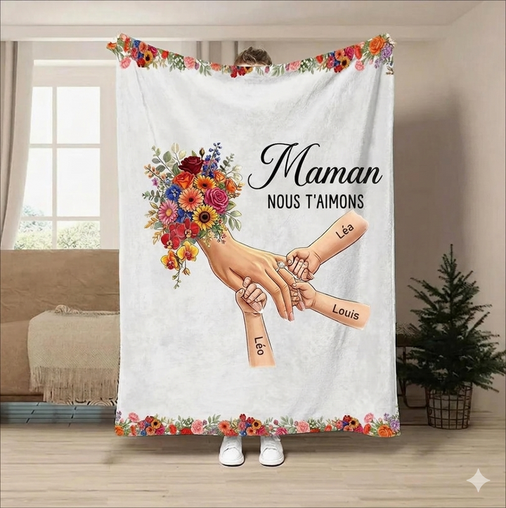 Plaid couverture personnalisée Maman mains entrelacées avec prénoms et fleurs