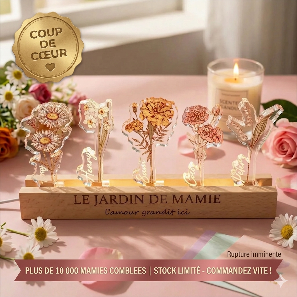 Fleur de naissance personnalisée en acrylique 3D avec lumière LED et prénoms des enfants
