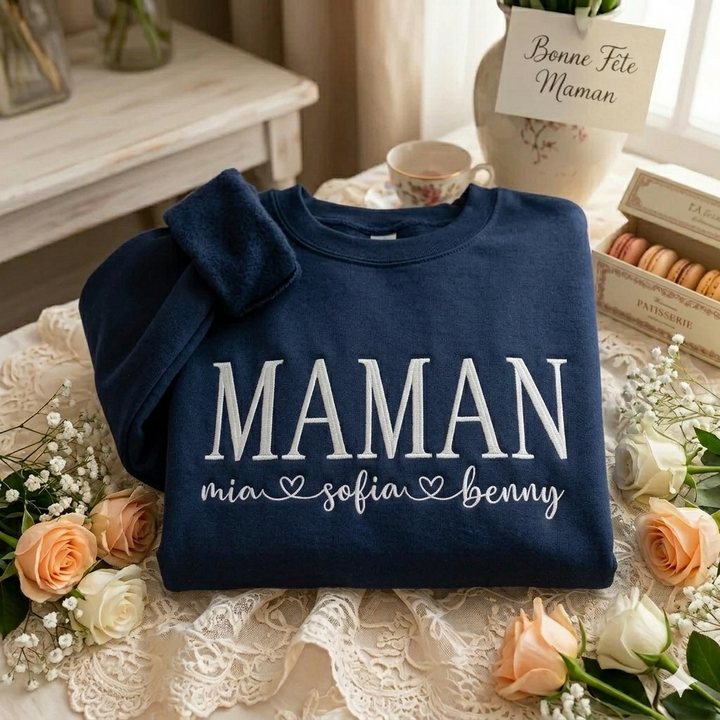 Sweat-shirt pour maman brodé sur mesure avec les prénoms des enfants