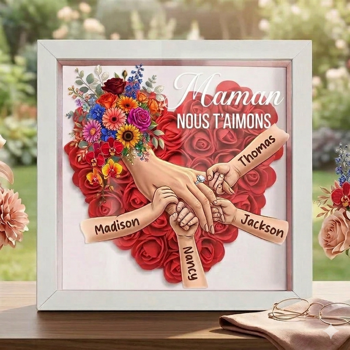 Boîte d’ombre cœur floral personnalisée Maman mains avec prénoms enfants et bague manicure