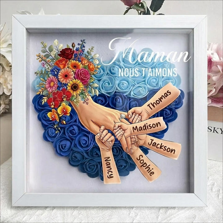 Boîte d’ombre cœur floral personnalisée Maman mains avec prénoms enfants et bague manicure