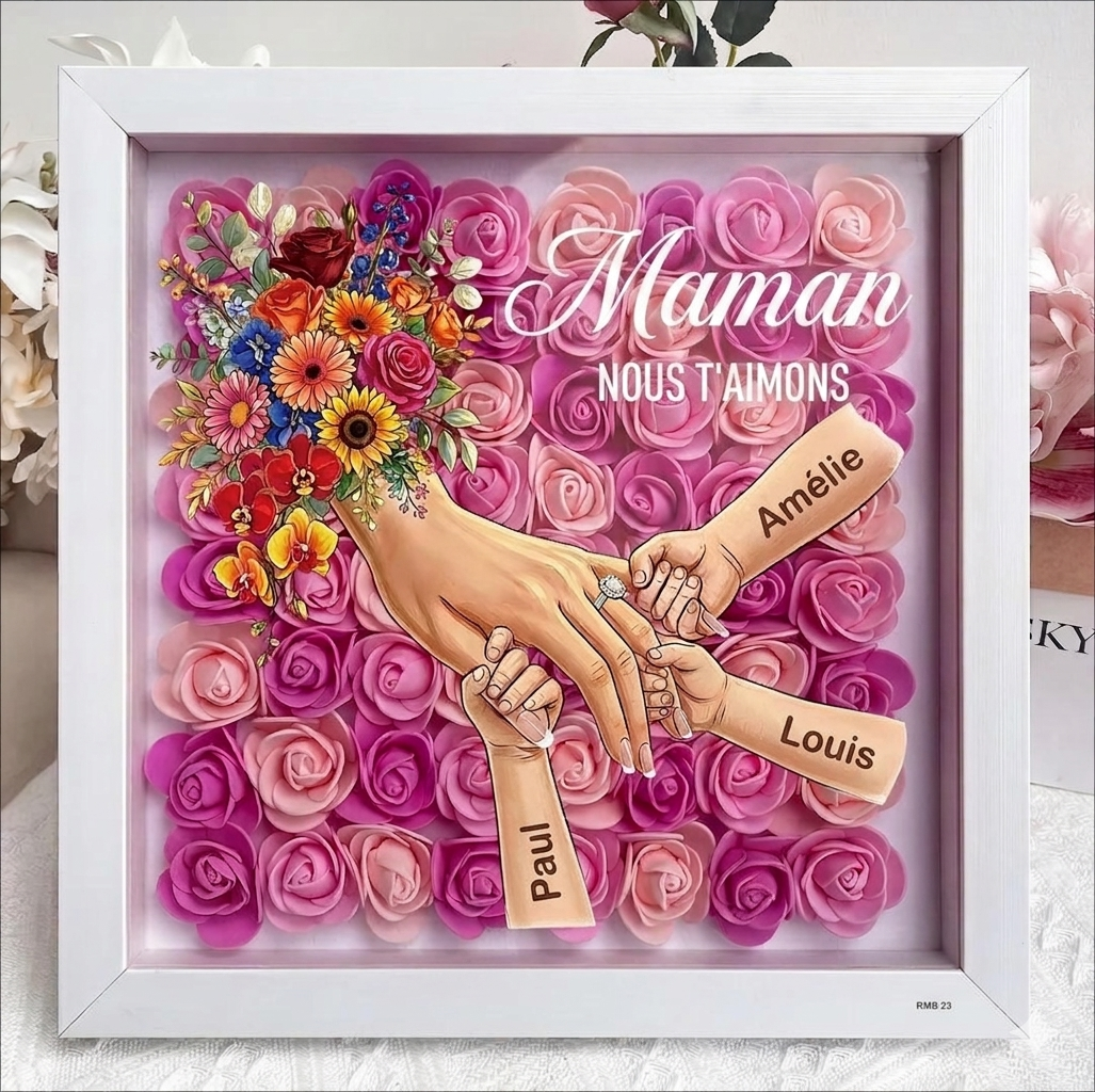 Boîte d’ombre cœur floral personnalisée Maman mains avec prénoms enfants et bague manicure