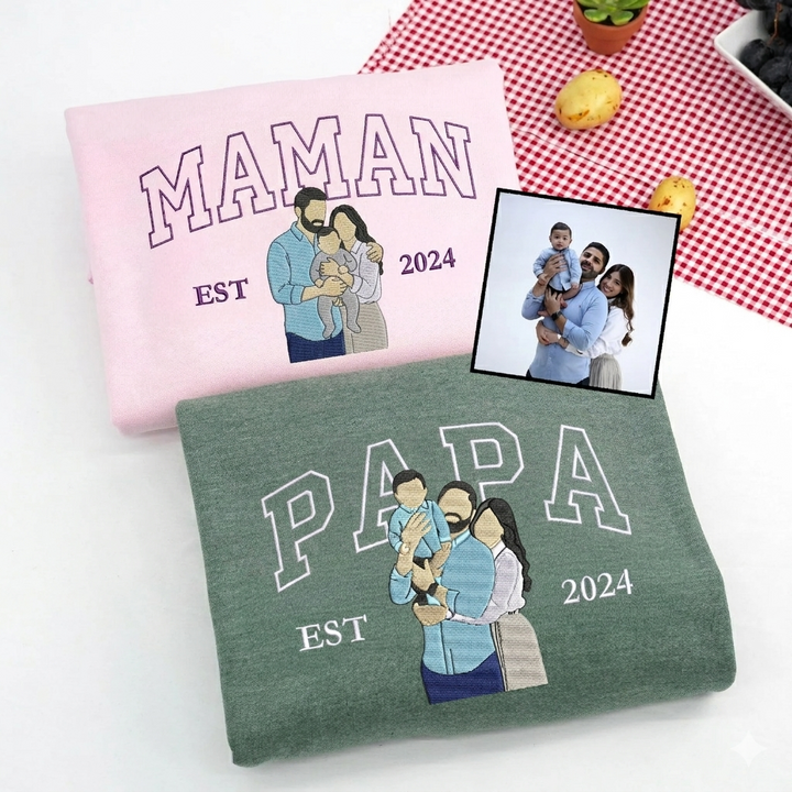 Sweat-shirt personnalisé avec portrait brodé pour maman et papa