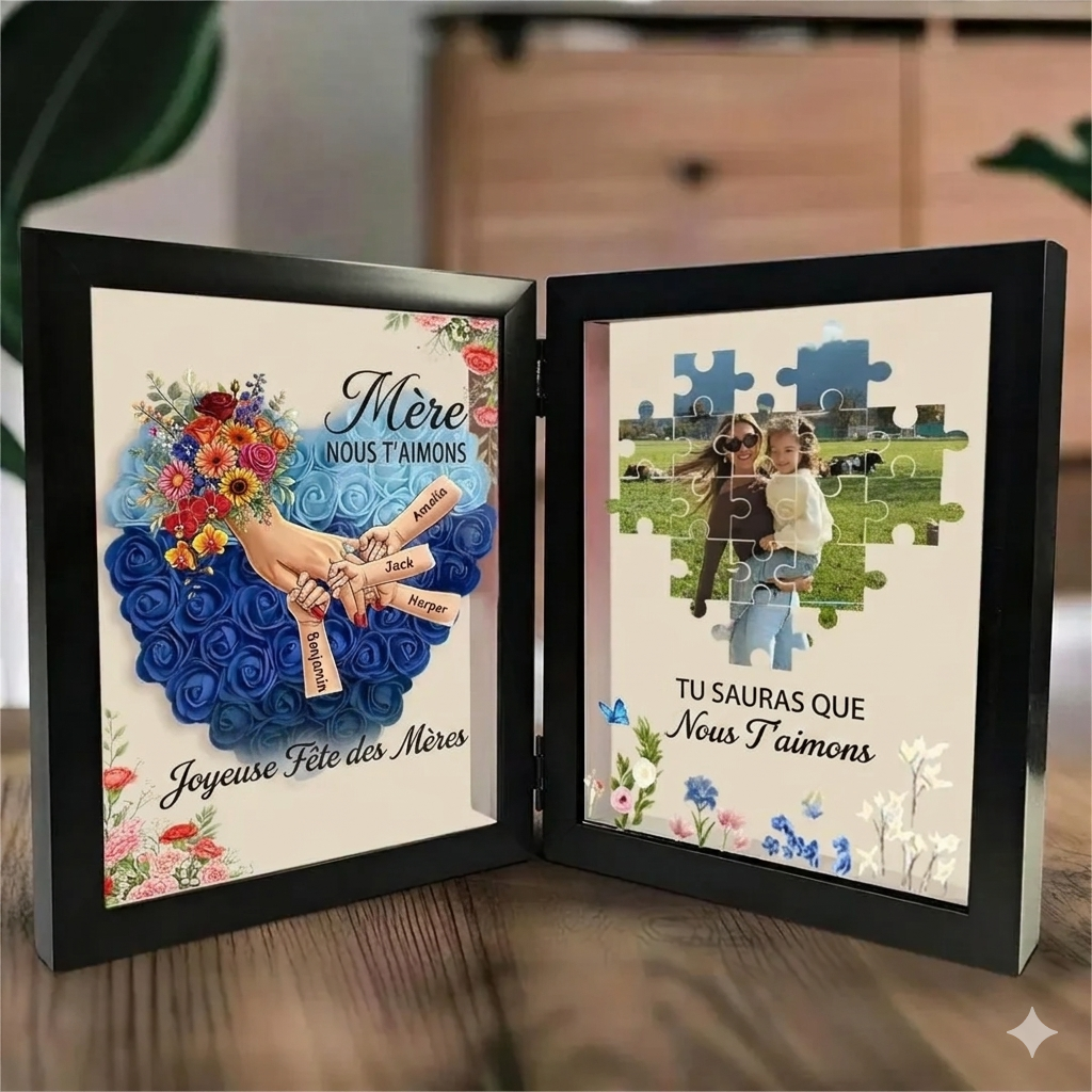 Cadre double personnalisé Fête des Mères avec prénoms – Mains entrelacées & photo