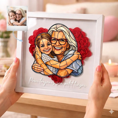 Cadre-vitrine floral personnalisé avec portrait de famille pour Maman et Mamie