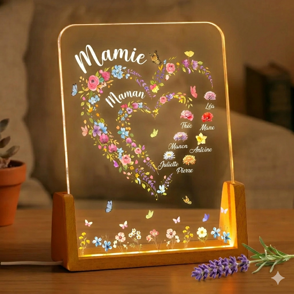 Veilleuse personnalisée « D'abord maman, maintenant grand-mère » – Cœur fleuri avec prénoms des enfants et fleurs de naissance