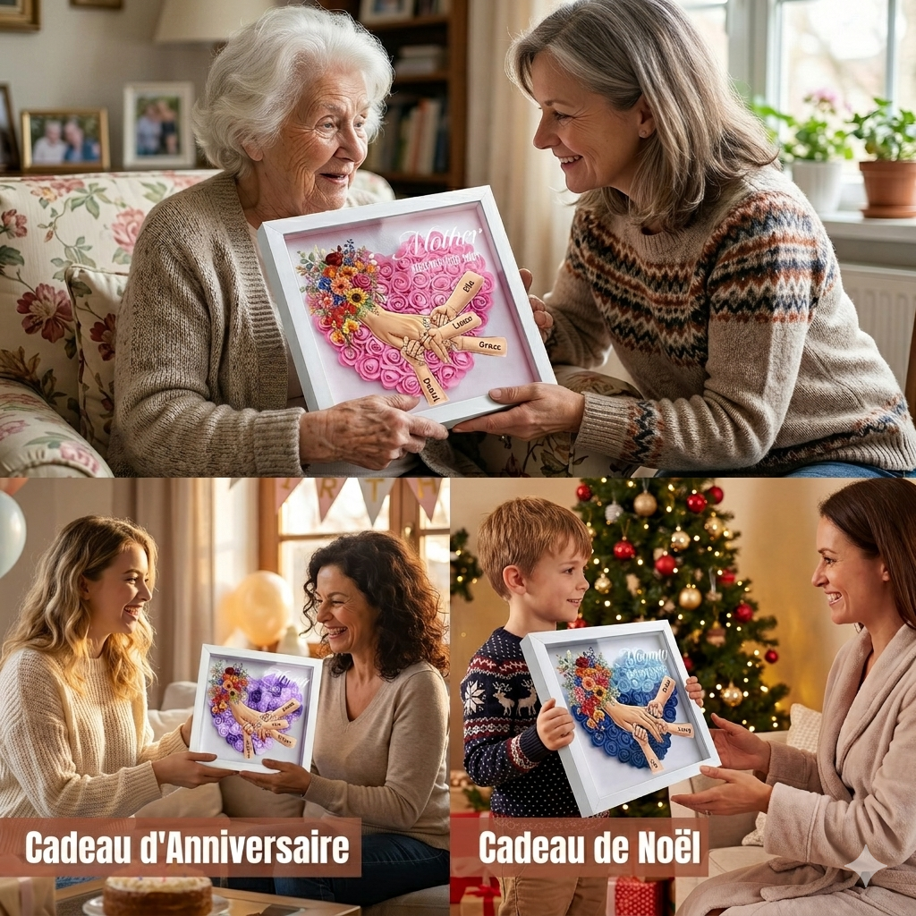 Boîte d’ombre cœur floral personnalisée Maman mains avec prénoms enfants et bague manicure