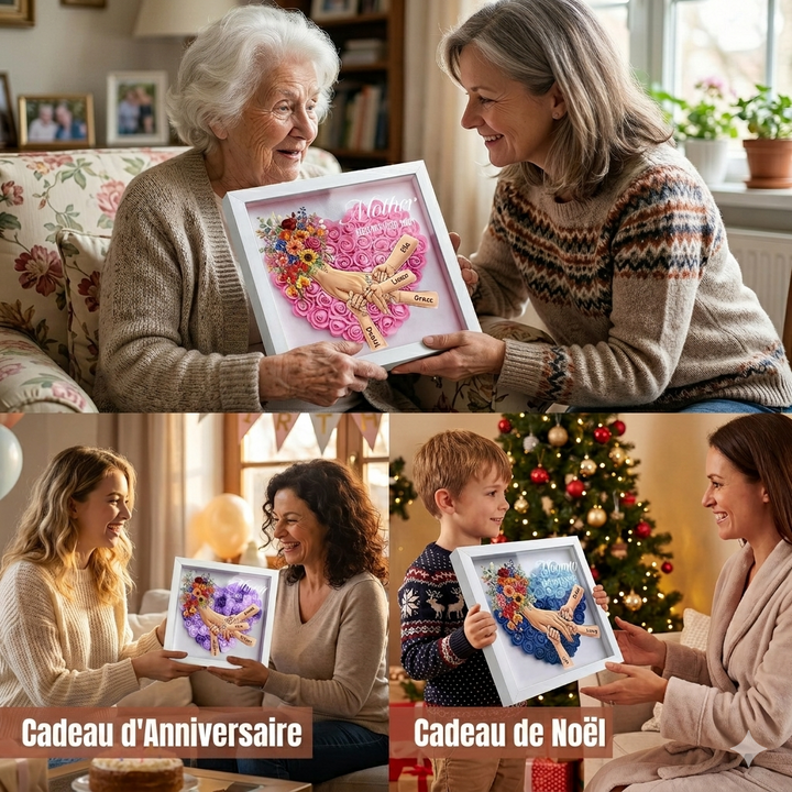 Boîte d’ombre cœur floral personnalisée Maman mains avec prénoms enfants et bague manicure