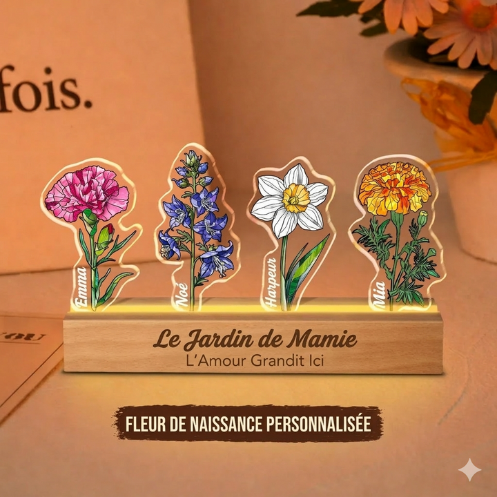 Fleur de naissance personnalisée en acrylique 3D avec lumière LED et prénoms des enfants pour maman