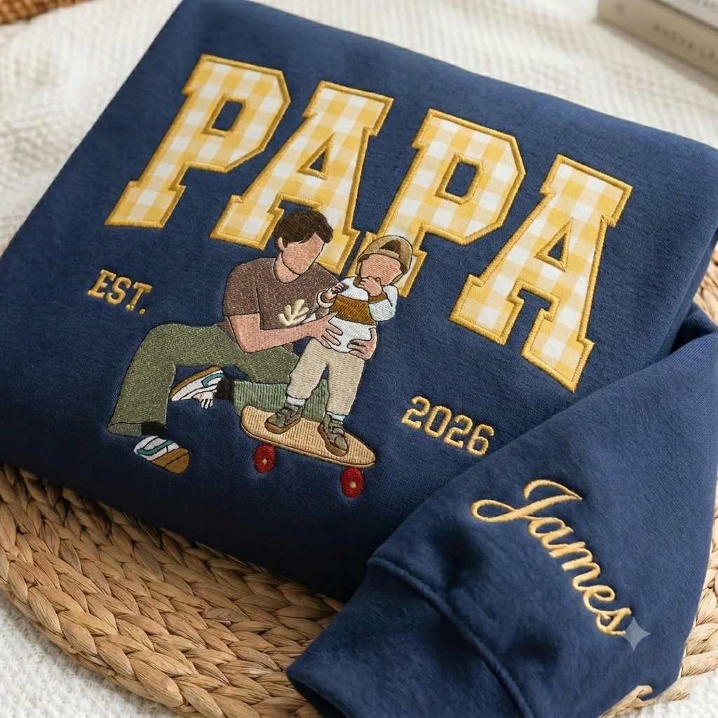 Sweat-shirt personnalisé avec appliqué brodé représentant le portrait d'un papa – Cadeau de fête des Pères