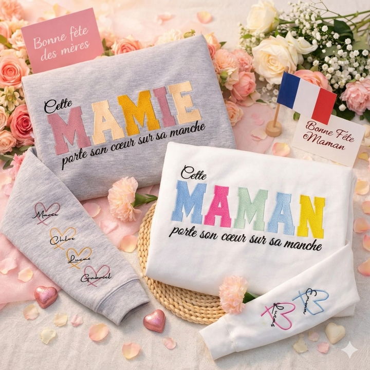 Cette Maman porte son cœur sur sa manche – Sweat brodé personnalisé Fête des Mères